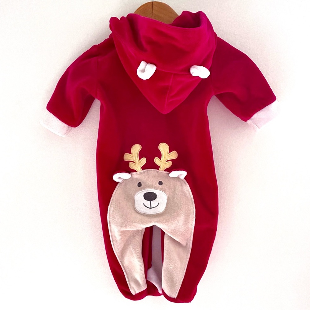 Vintage Velour Hooded My First Christmas Reindeer Footie Playsuit, Red & White